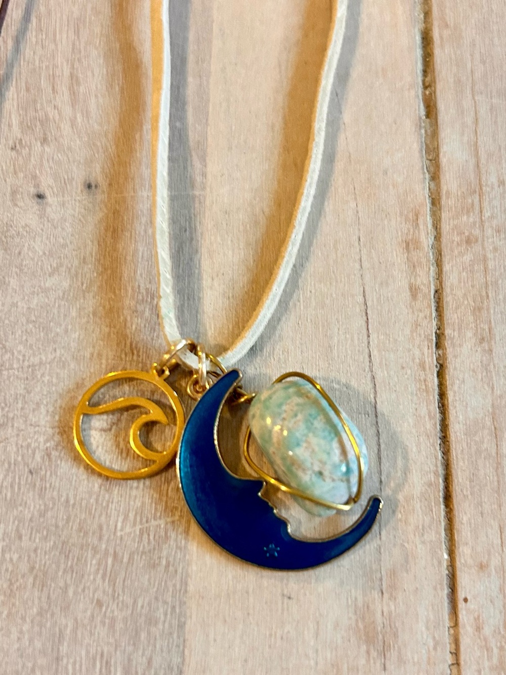 Gold Wrapped Amazonite and Blue Crescent Moon with a Golden Wave Necklace